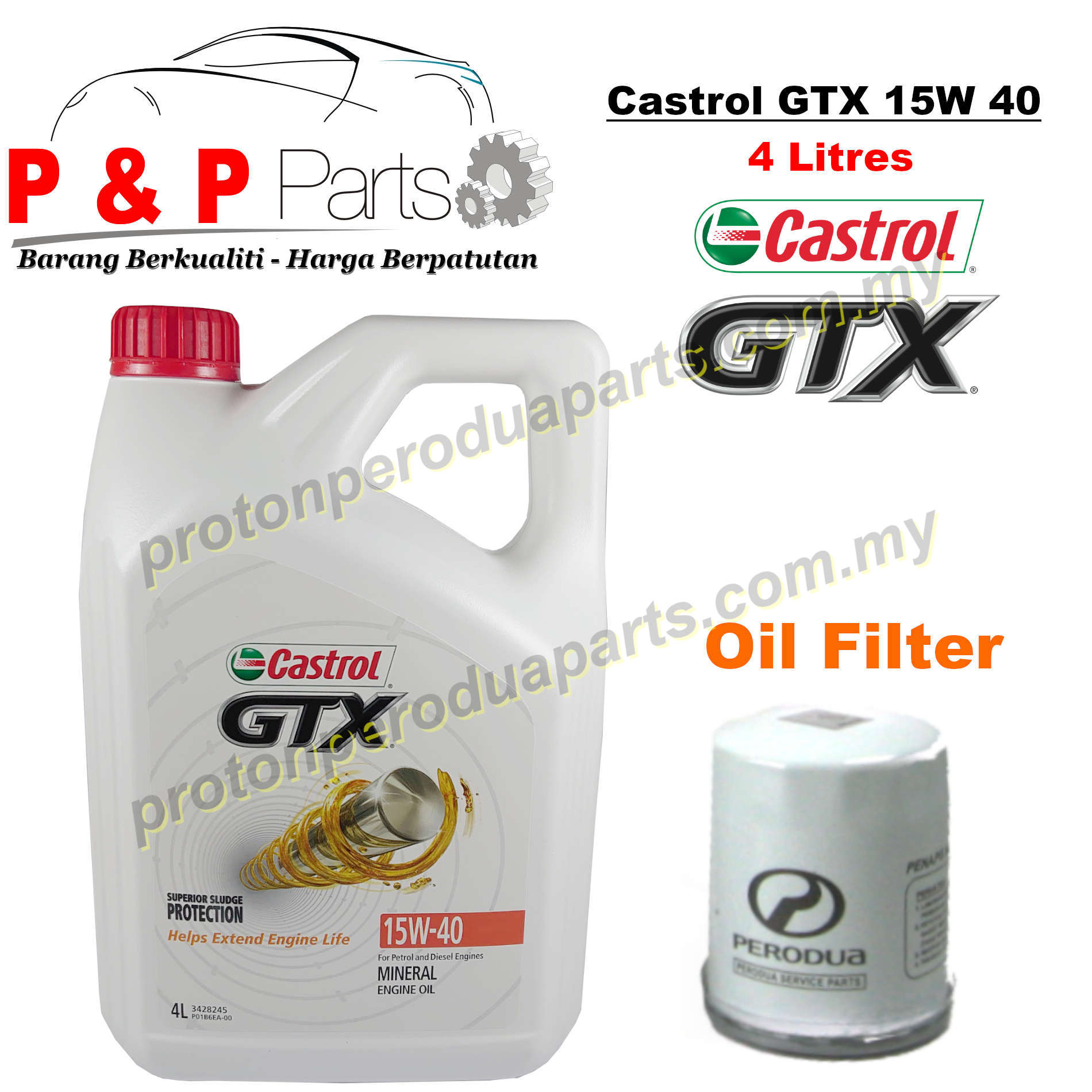 Castrol GTX 15W 40 Engine Oil 4 litres Minyak Enjin 15 40 + Oil Filter for  Perodua / Proton Cars - Minyak Hitam - Proton Perodua Parts